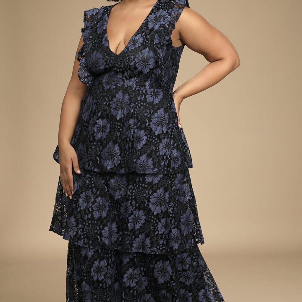 NWT Lulus Molinetto Navy Blue Lace Ruffled Tiered Sleeveless Maxi Dress - Picture 5 of 8